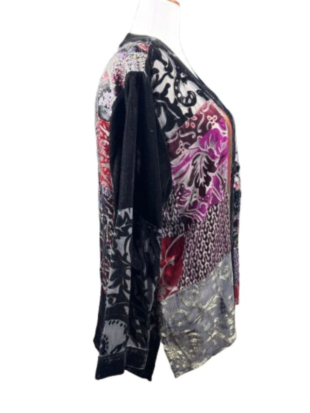 VTG Chico's Burnout Velvet Velour Silk Blend Patchwork Kimono Jacket (Size 3) - Picture 8 of 16